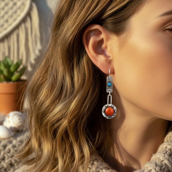 Vintage‎ Style Boho Chic Drop Trendy Spring Earrings Orange Turquoise Accents - Picture 3 of 12